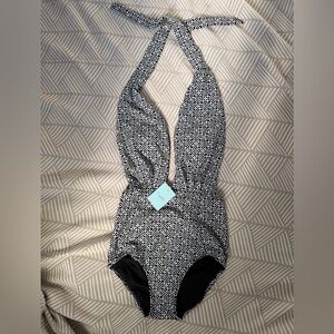 Black and White Geometric Halter Swimsuit